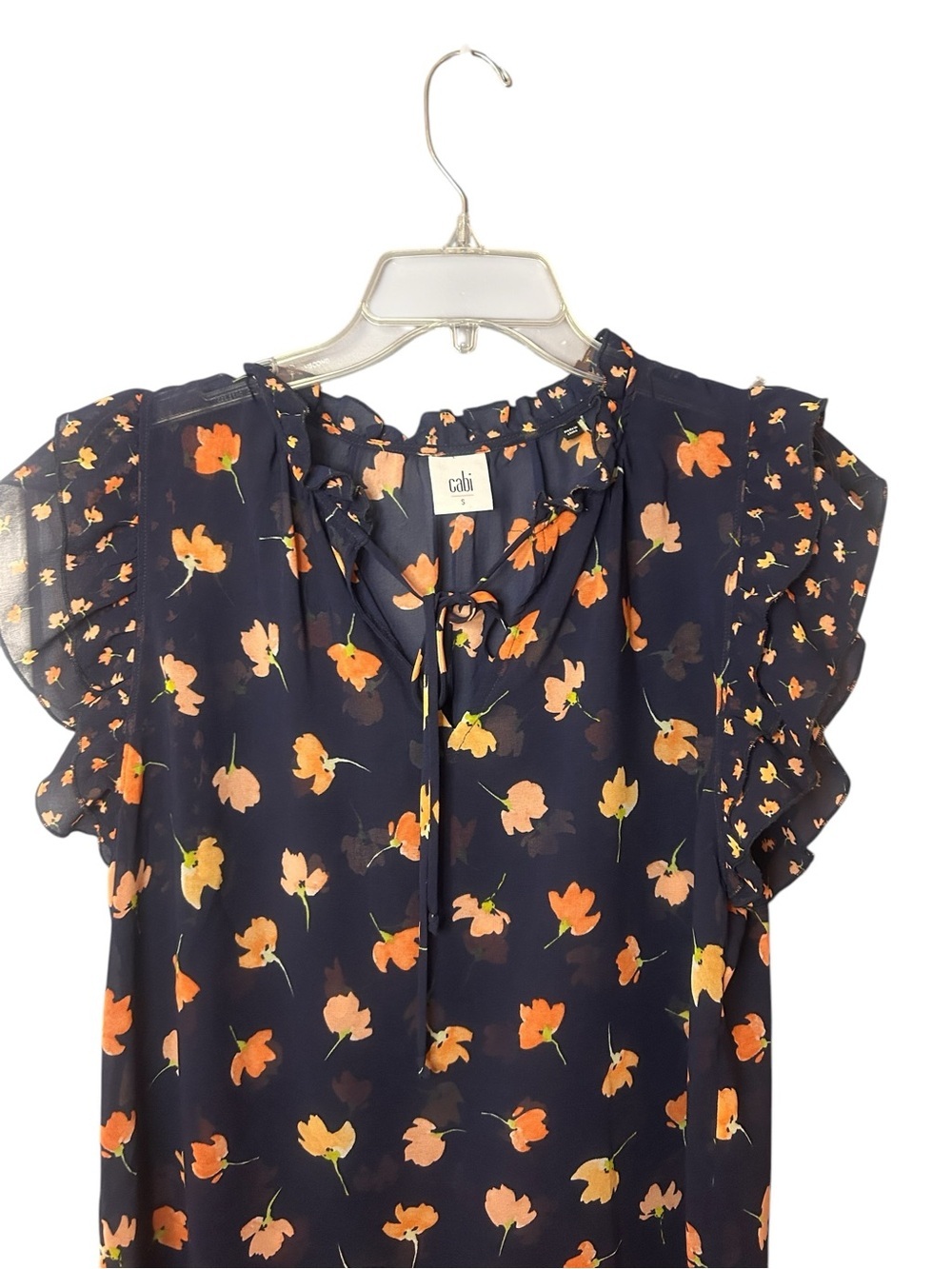 Cabi Navy Sheer Floral Ruffle Sleeve Blouse Small Tie Neck - Picture 9 of 11